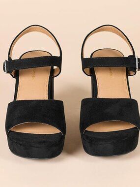 Chunky Platform Block Heel Sandals Black Faux Suede Trendy Dress Shoes